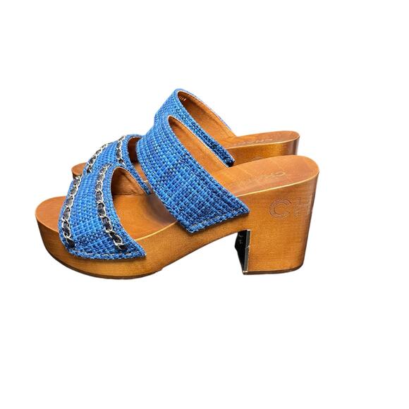 Chanel Chain Platform Slide Sandals Tweed Wood Heel Blue Brown Womens 40 / US 9 - Picture 6 of 14